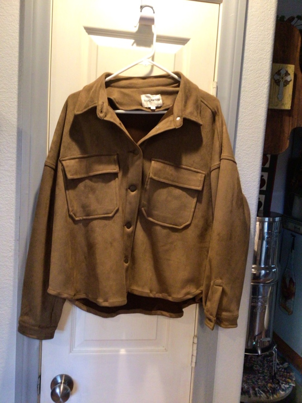 Vigoss Chest-Pocket Suede-Style Utility Jacket in Brown